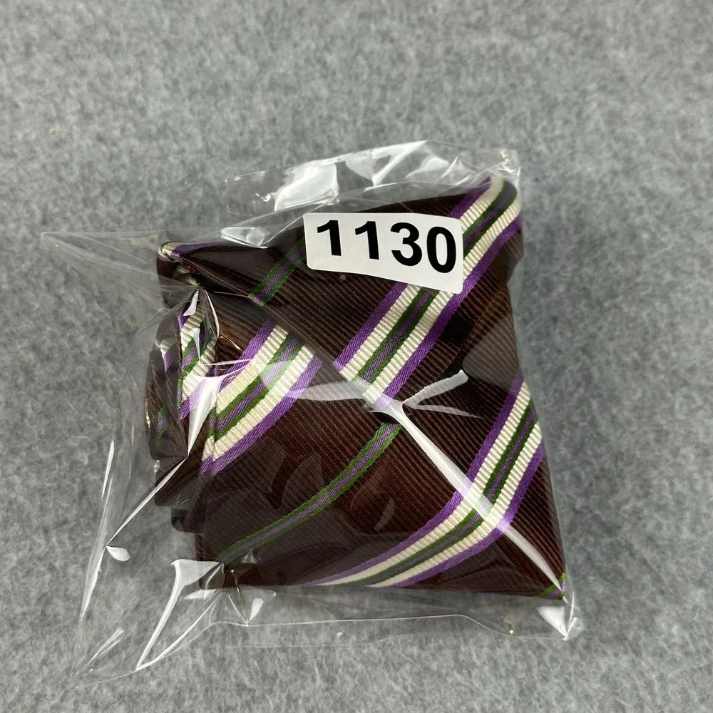 Etro Milano Italy Silk Cotton Brown Stripe Necktie Purple‎ Green 57x3.75